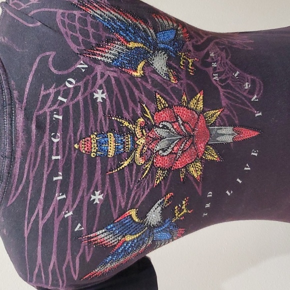 Affliction black label eagle wing jewelled t shirt burgandy black distressed - Picture 4 of 7